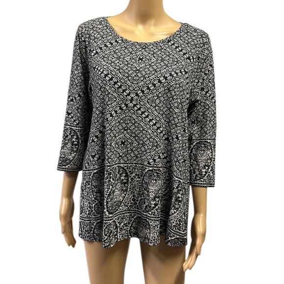 Lucky Brand Black White Paisley 3 Quarter Sleeve Tee Top Womens Plus Size 1X - Picture 1 of 9